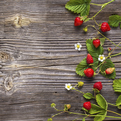 wild strawberries on wooden table - obrazy, fototapety, plakaty
