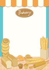 Menu template design vector illustration.Bakery cafe shop.Blank for your message,text,note,memo,notepad,brochure,flyer,poster,recipe.Decoration with bakery product awning and wood sign.