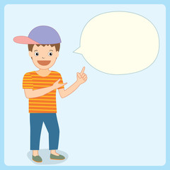 Illustration vector of a boy speaking with blank bubble on blue pastel background colors.Space for your text.