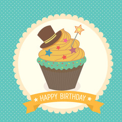 Illustration vector of fantasy cupcake on green blue background with orange ribbon for party invitation, greeting and happy birthday card.Green background and pastel color
