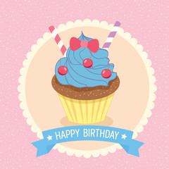 Illustration vector fantasy cupcake on pink background with blue ribbon for party invitation,  greeting and happy birthday card.Pink background pastel color and cute.