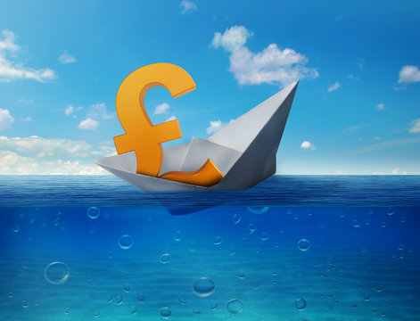 Pound Sinking In Sea Symbol Of Future UK Economy Depression Recession Economic Downturns. Results Of Brexit Polls.