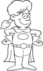 Black and white illustration of a girl in a superhero costume.