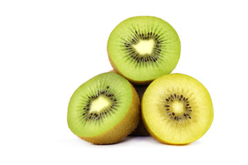 Yellow kiwi and green kiwi fruit  on white background