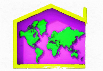 Fototapeta na wymiar Mappa Terra 3D colore con simbolo casa