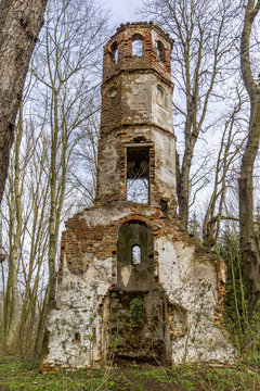 Ruine eines Kirchturms in einem Wald in Schwaben