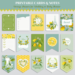 Vintage Lemon Flowers Card Set. Birthday, Wedding, Baby Shower 