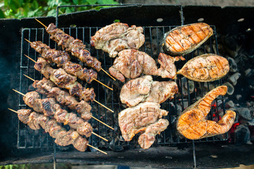 Grilled Foods Garnished. Assorted grilled chicken, salmon, meat. Barbecue