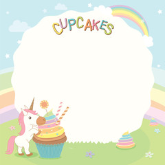 Illustration vector of unicorn cupcakes on cute concept design in fairy background for greeting card.Blank with space for your text.