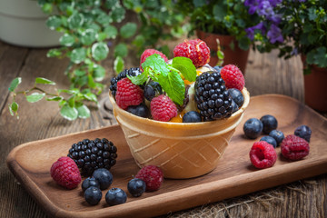 Tasty ice cream dessert with fruit in a waffle bowl.