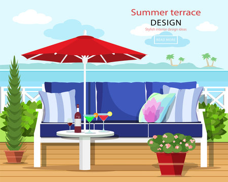 Colorful graphic summer terrace by the sea. Couch and umbrella on the balcony with the sea landscape. Flat style vector illustration.