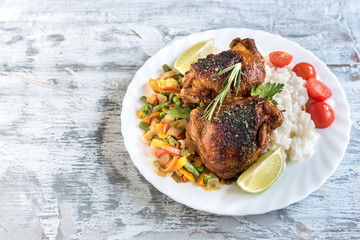 Marinated chicken meat and vegetables