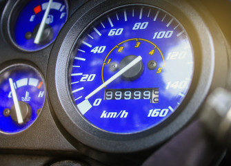 Close-up speedometer of a motorcycle