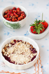 Rhubarb, strawberry and cherry crumble