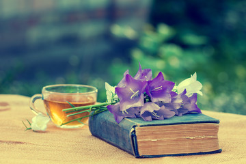 composition from old shabby book, flowers and a cup of herbal tea in the garden