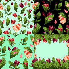 Set of 3 seamless floral patterns and a postcard