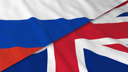Flags of Russia and the United Kingdom - Split Russian Flag and British Flag 3D Illustration