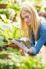 Gardener using digital tablet while working 