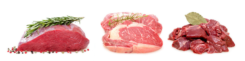 Braten, Rib Eye Steak und Gulasch roh vom Rind