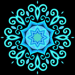 Hand-drawn colorful mandala, lace ornament blue round pattern, vintage decorative element, isolated on black background, EPS 8