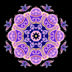 Hand-drawn colorful mandala, lace ornament purple round pattern, vintage decorative element, isolated on black background, EPS 8