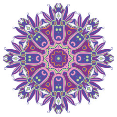Hand-drawn colorful mandala, lace ornament round pattern, purple vintage decorative element, isolated, EPS 8