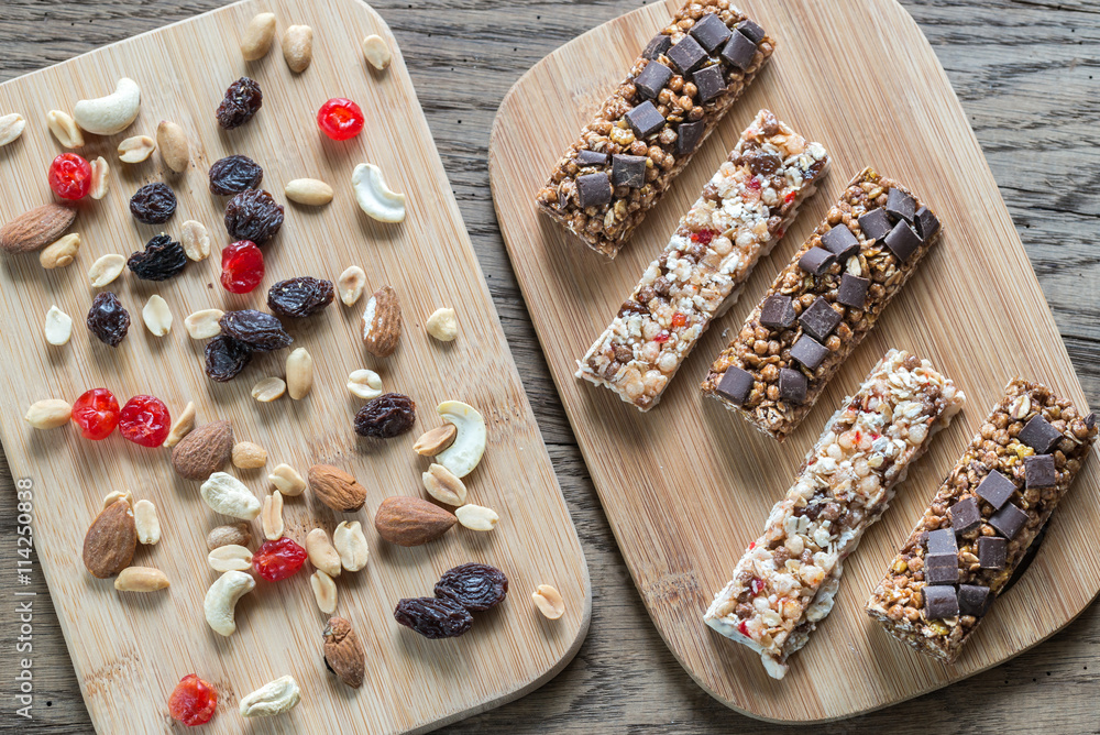 Sticker granola bars with dried berries and chocolate