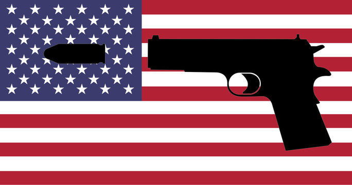 Gun Crime in the USA - A Gun with the American Flag Behind