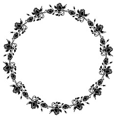 Round black and white frame with roses silhouettes. Vector clip art.