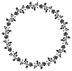 Round black and white frame with roses silhouettes. Vector clip art.