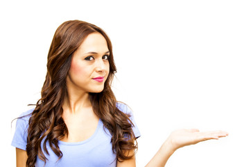 Fototapeta premium Portrait of a beautiful woman with her open hand