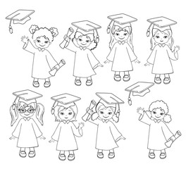 Coloring. Girls. Set of children in a graduation gown and mortarboard.