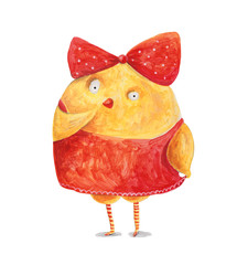 Chicken in red bow. Acrylic illustration