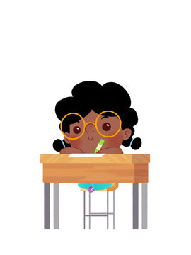 Ni&ntilde;a escribiendo o dibujando sentada en pupitre en clase. En la escuela estudiando, haciendo deberes o un examen.