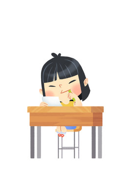Ni&ntilde;a pensando sentada en pupitre en clase. En la escuela estudiando, haciendo deberes o un examen.