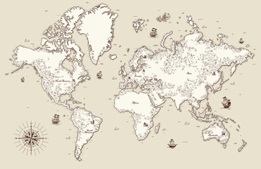 Naklejka premium Wysoka szczegółowa, stara mapa świata z elementami dekoracyjnymi