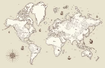 Deurstickers Hoog gedetailleerde, oude wereldkaart met decoratieve elementen © max_776