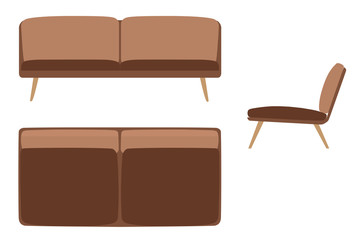 Sofas Set. Furniture for Your Interior Design. Flat Vector Illustration. Top, Front and Side View.