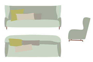 Sofas Set. Furniture for Your Interior Design. Flat Vector Illustration. Top, Front and Side View.