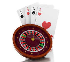 3d Casino roulette wheel with chips.
