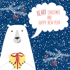 Cute hand drawn polar bear with speech bubble and hand written text on snowy background
