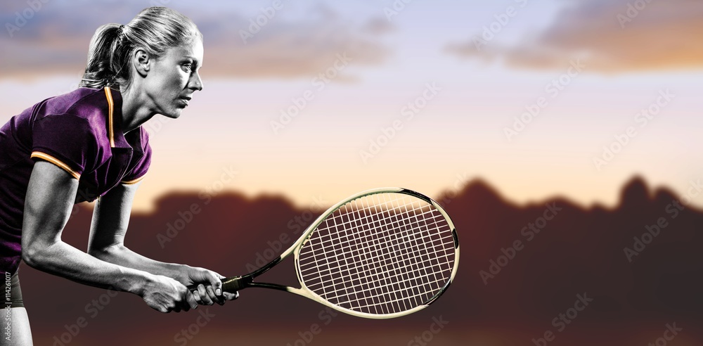 Poster composite image of tennis player playing tennis with a racket