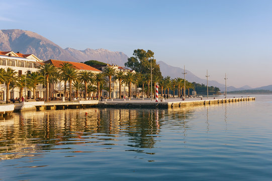 Embankment of Tivat city in winter. Montenegro
