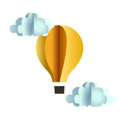 origami balloon gondola and clouds of yellow paper on white