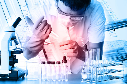 scientist with equipment and science experiments ,Laboratory glassware containing chemical liquid, science research,science background