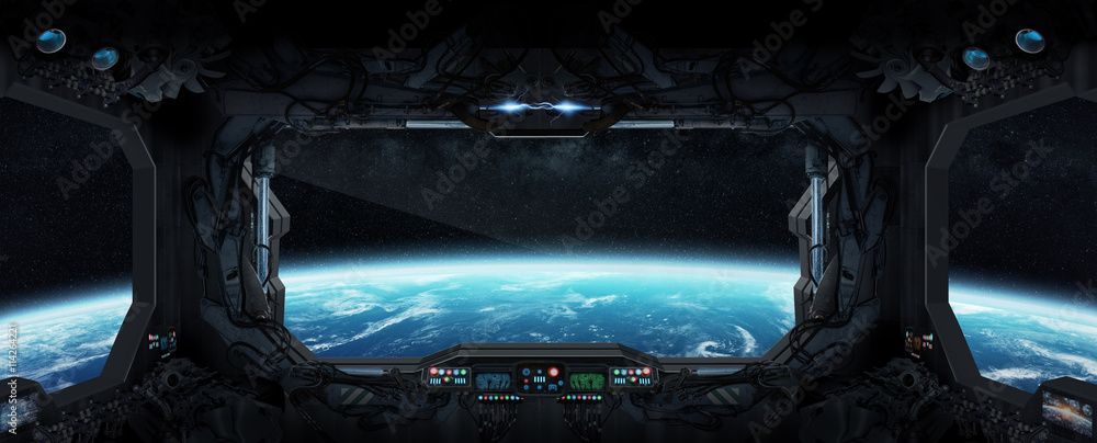 Poster view of planet earth from inside a space station