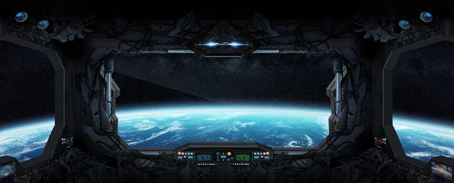 Fototapeta View of planet Earth from inside a space station