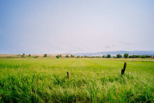 Wire fence on lush green farmland