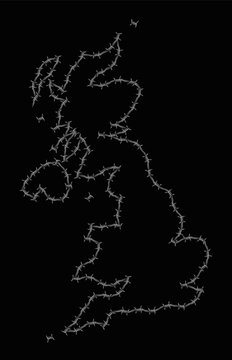 BREXIT - Barb wire around isolated Great Britain. Vector illustration on black background.