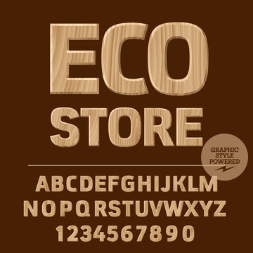 Vector set of alphabet letters, numbers and punctuation symbols. Wooden logotype with text Eco store